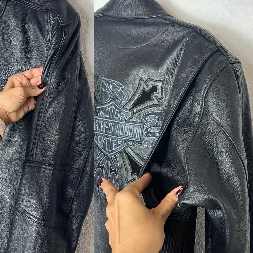 Harley Davidson Men's black leather jacket Embroidered logo front & back Size M